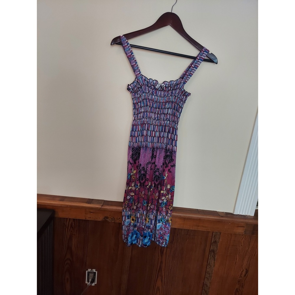 Lightweight Basix of America Womens Boho Smocked Floral Geometric Midi Dress Med - Picture 3 of 7